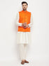 Vastramay Men's Orange Matka Silk Nehru Jacket With Kurta and Pant style Pyjama Set